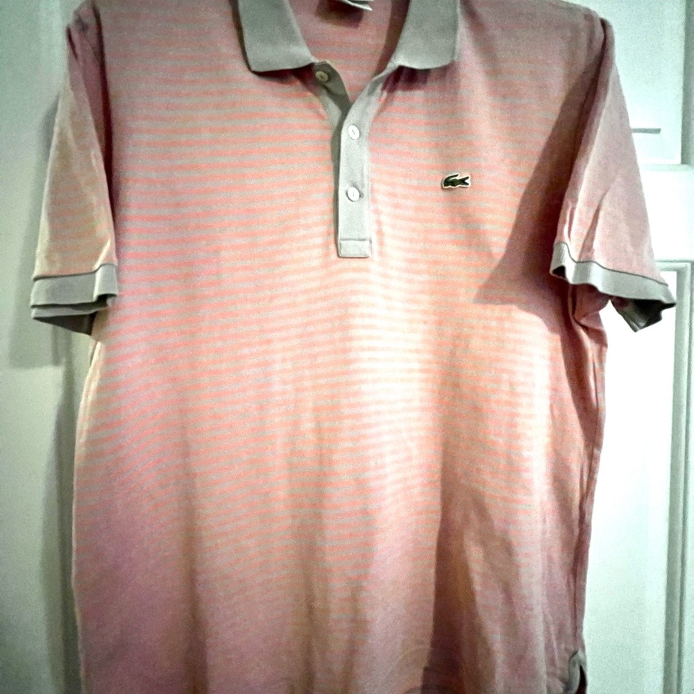 Lacoste Men's Pink & Grey Striped Polo Shirt (Authentic)
